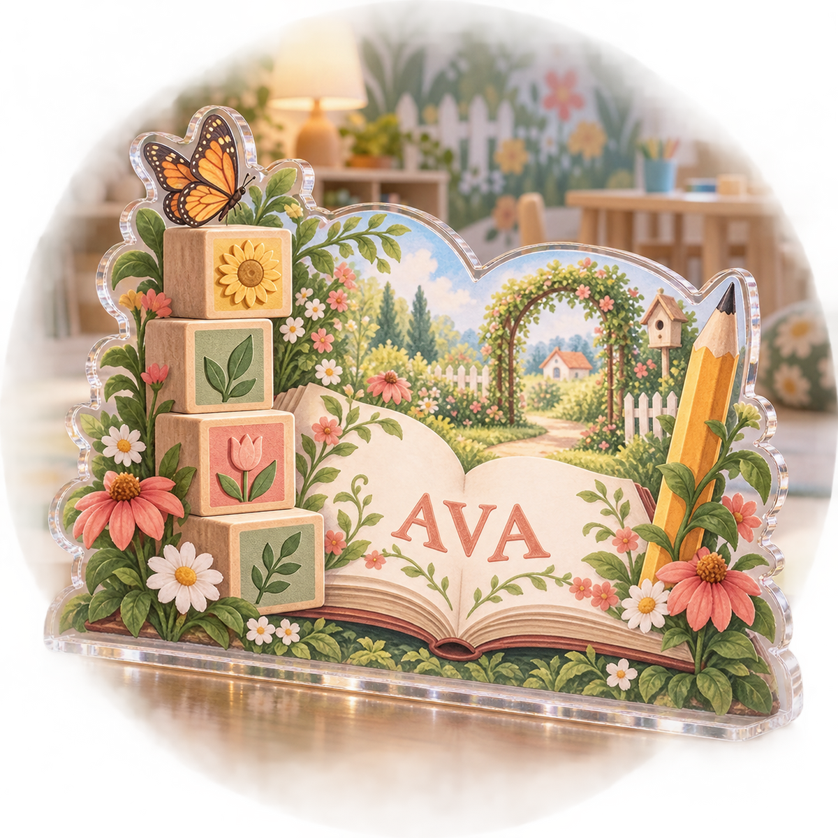 Artwork visualization: Alphabet garden — playroom story corner, personalized AVA, subject-shaped acrylic with printed optical 3D depth; not carved relief.