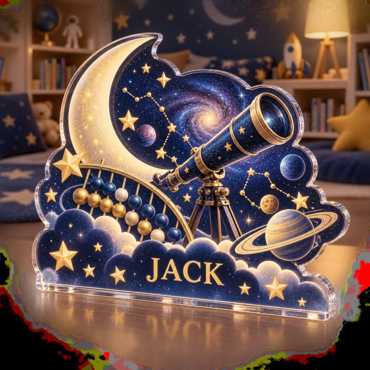 Personalized Number Constellation Playroom Story Corner custom shape acrylic plaque with an example name set into the artwork, digital preview
