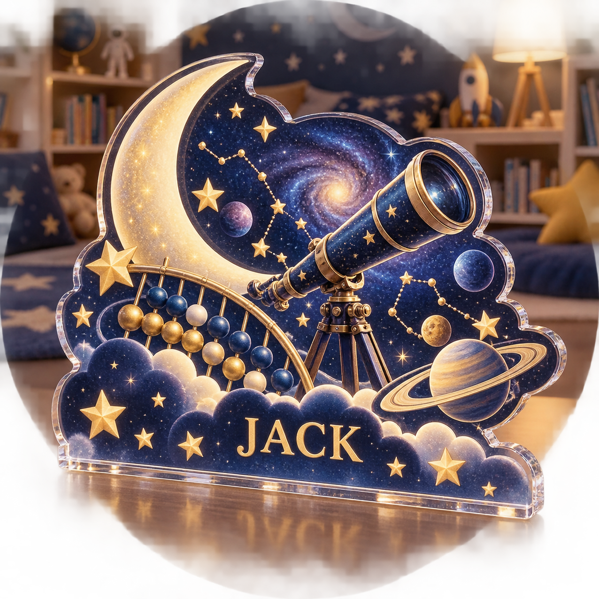 Artwork visualization: Number constellation — playroom story corner, personalized JACK, subject-shaped acrylic with printed optical 3D depth; not carved relief.