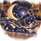 Artwork visualization: Number constellation — playroom story corner, personalized JACK, subject-shaped acrylic with printed optical 3D depth; not carved relief.