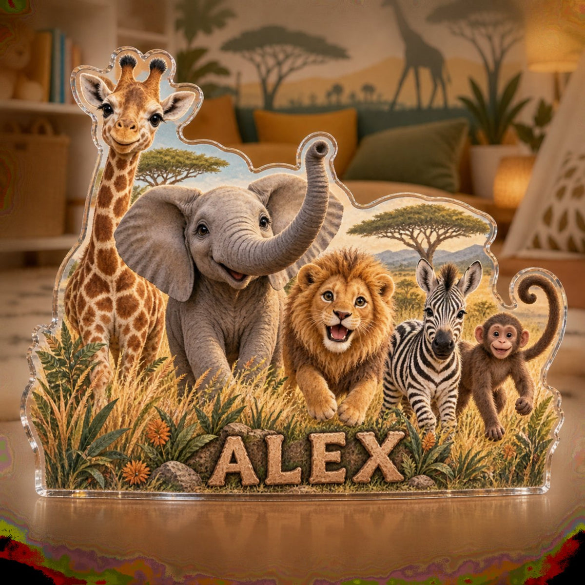 Personalized Safari Animal Parade Playroom Story Corner custom shape acrylic plaque with an example name set into the artwork, digital preview