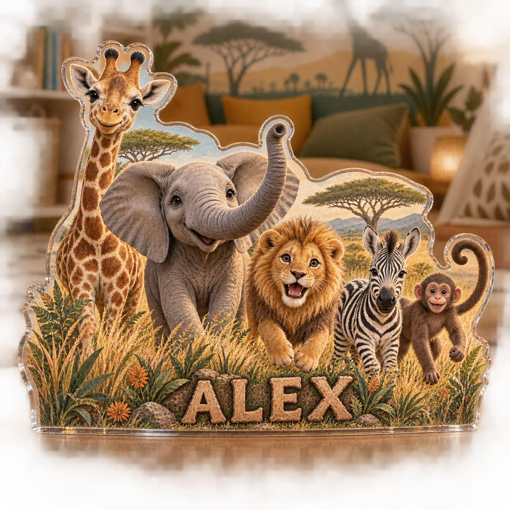Artwork visualization: Safari animal parade — playroom story corner, personalized ALEX, subject-shaped acrylic with printed optical 3D depth; not carved relief.