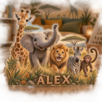 Artwork visualization: Safari animal parade — playroom story corner, personalized ALEX, subject-shaped acrylic with printed optical 3D depth; not carved relief.