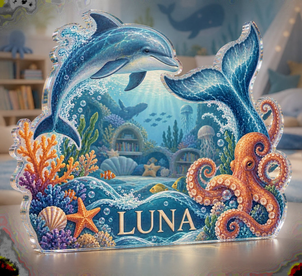 Personalized Ocean Animal Alphabet Playroom Story Corner custom shape acrylic plaque with an example name set into the artwork, digital preview