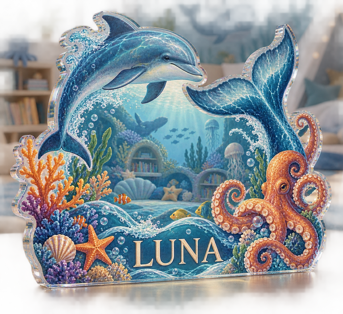 Artwork visualization: Ocean animal alphabet — playroom story corner, personalized LUNA, subject-shaped acrylic with printed optical 3D depth; not carved relief.
