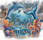 Artwork visualization: Ocean animal alphabet — playroom story corner, personalized LUNA, subject-shaped acrylic with printed optical 3D depth; not carved relief.