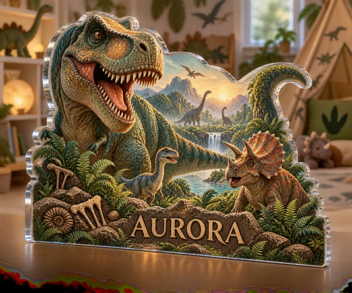 Personalized Dinosaur Discovery Playroom Story Corner custom shape acrylic plaque with an example name set into the artwork, digital preview