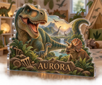 Artwork visualization: Dinosaur discovery — playroom story corner, personalized AURORA, subject-shaped acrylic with printed optical 3D depth; not carved relief.