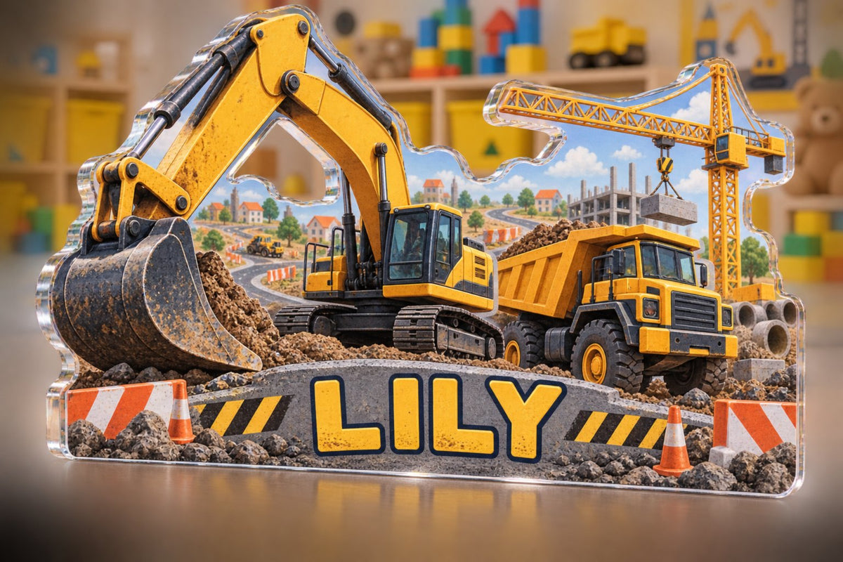 Personalized Construction Vehicle Town Playroom Story Corner custom shape acrylic plaque with an example name set into the artwork, digital preview