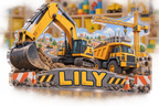 Artwork visualization: Construction vehicle town — playroom story corner, personalized LILY, subject-shaped acrylic with printed optical 3D depth; not carved relief.