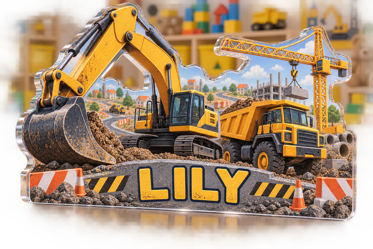 Artwork visualization: Construction vehicle town — playroom story corner, personalized LILY, subject-shaped acrylic with printed optical 3D depth; not carved relief.