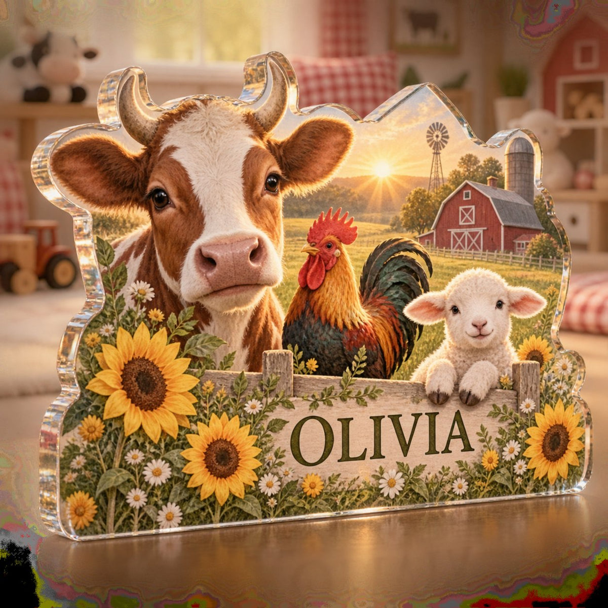 Personalized Farm Animal Morning Playroom Story Corner custom shape acrylic plaque with an example name set into the artwork, digital preview