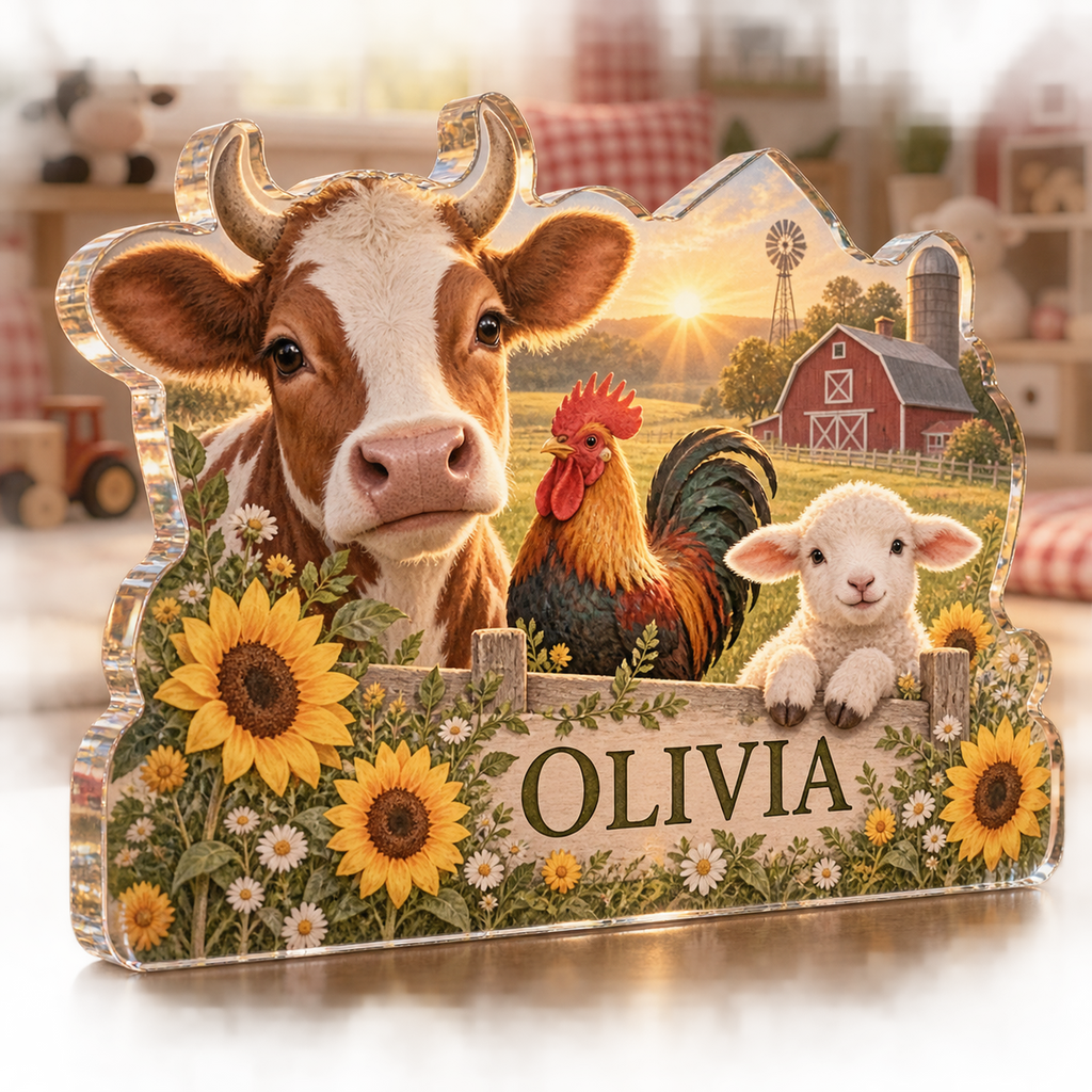 Artwork visualization: Farm animal morning — playroom story corner, personalized OLIVIA, subject-shaped acrylic with printed optical 3D depth; not carved relief.