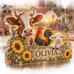 Artwork visualization: Farm animal morning — playroom story corner, personalized OLIVIA, subject-shaped acrylic with printed optical 3D depth; not carved relief.