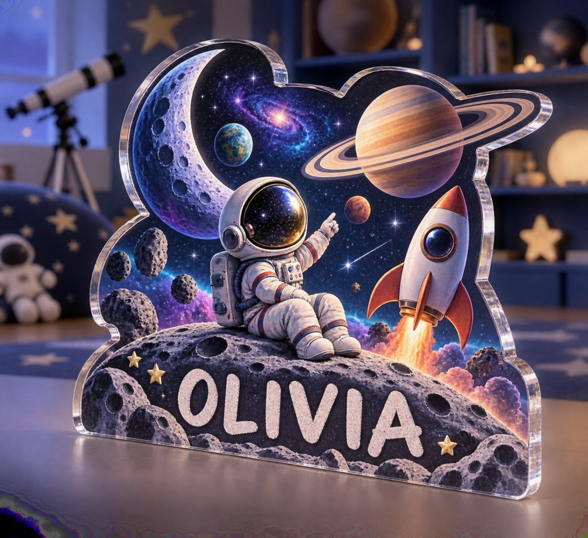 Personalized Space Explorer Planets Playroom Story Corner custom shape acrylic plaque with an example name set into the artwork, digital preview