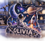 Artwork visualization: Space explorer planets — playroom story corner, personalized OLIVIA, subject-shaped acrylic with printed optical 3D depth; not carved relief.