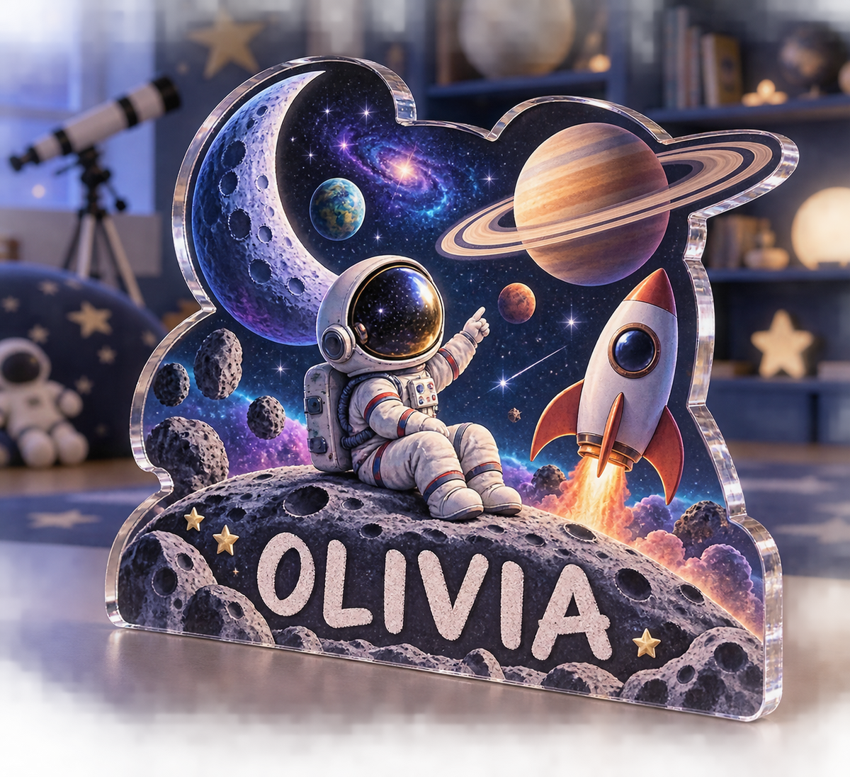 Artwork visualization: Space explorer planets — playroom story corner, personalized OLIVIA, subject-shaped acrylic with printed optical 3D depth; not carved relief.