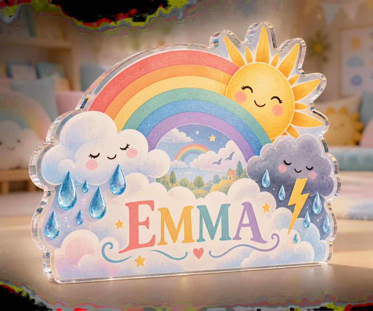 Personalized Rainbow Weather Playroom Story Corner custom shape acrylic plaque with an example name set into the artwork, digital preview