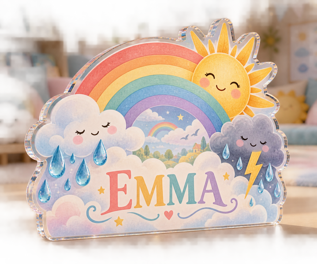Artwork visualization: Rainbow weather — playroom story corner, personalized EMMA, subject-shaped acrylic with printed optical 3D depth; not carved relief.