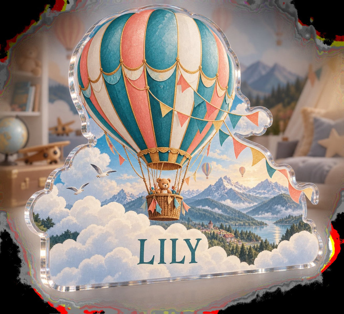 Personalized Hot Air Balloon Sky Playroom Story Corner custom shape acrylic plaque with an example name set into the artwork, digital preview