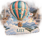 Artwork visualization: Hot air balloon sky — playroom story corner, personalized LILY, subject-shaped acrylic with printed optical 3D depth; not carved relief.