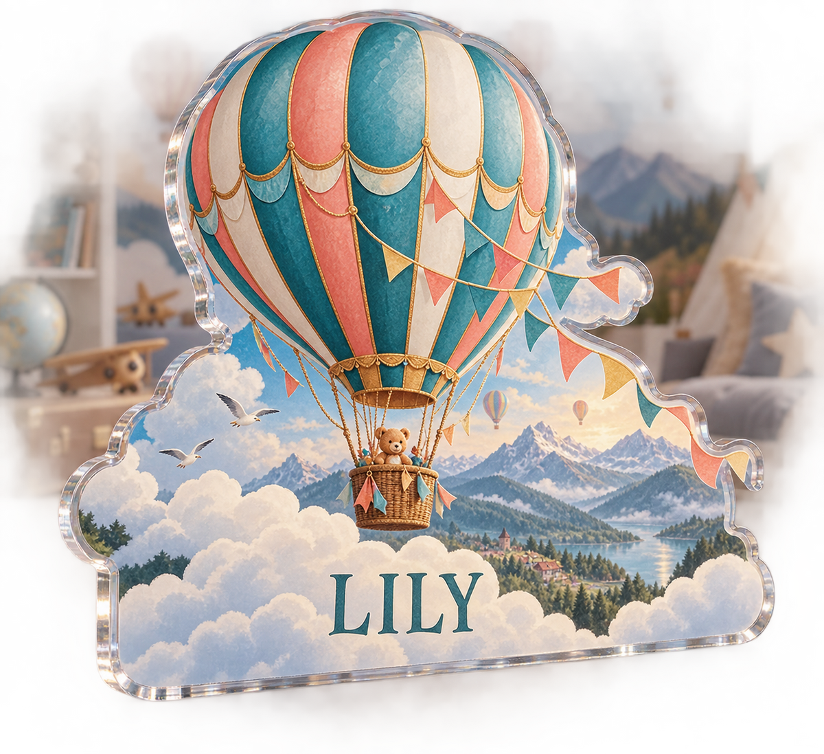 Artwork visualization: Hot air balloon sky — playroom story corner, personalized LILY, subject-shaped acrylic with printed optical 3D depth; not carved relief.