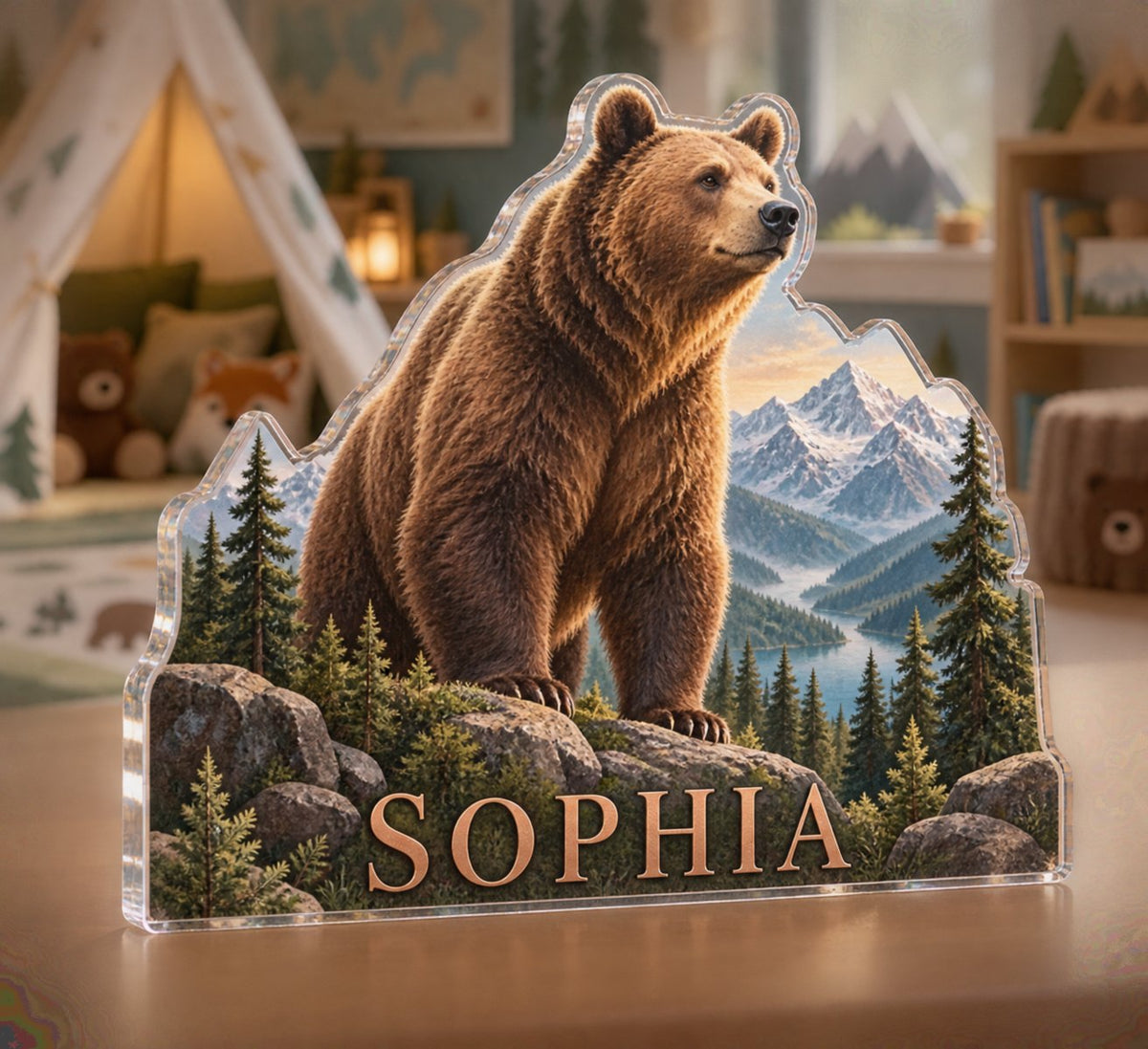 Personalized Mountain Bear Adventure Playroom Story Corner custom shape acrylic plaque with an example name set into the artwork, digital preview