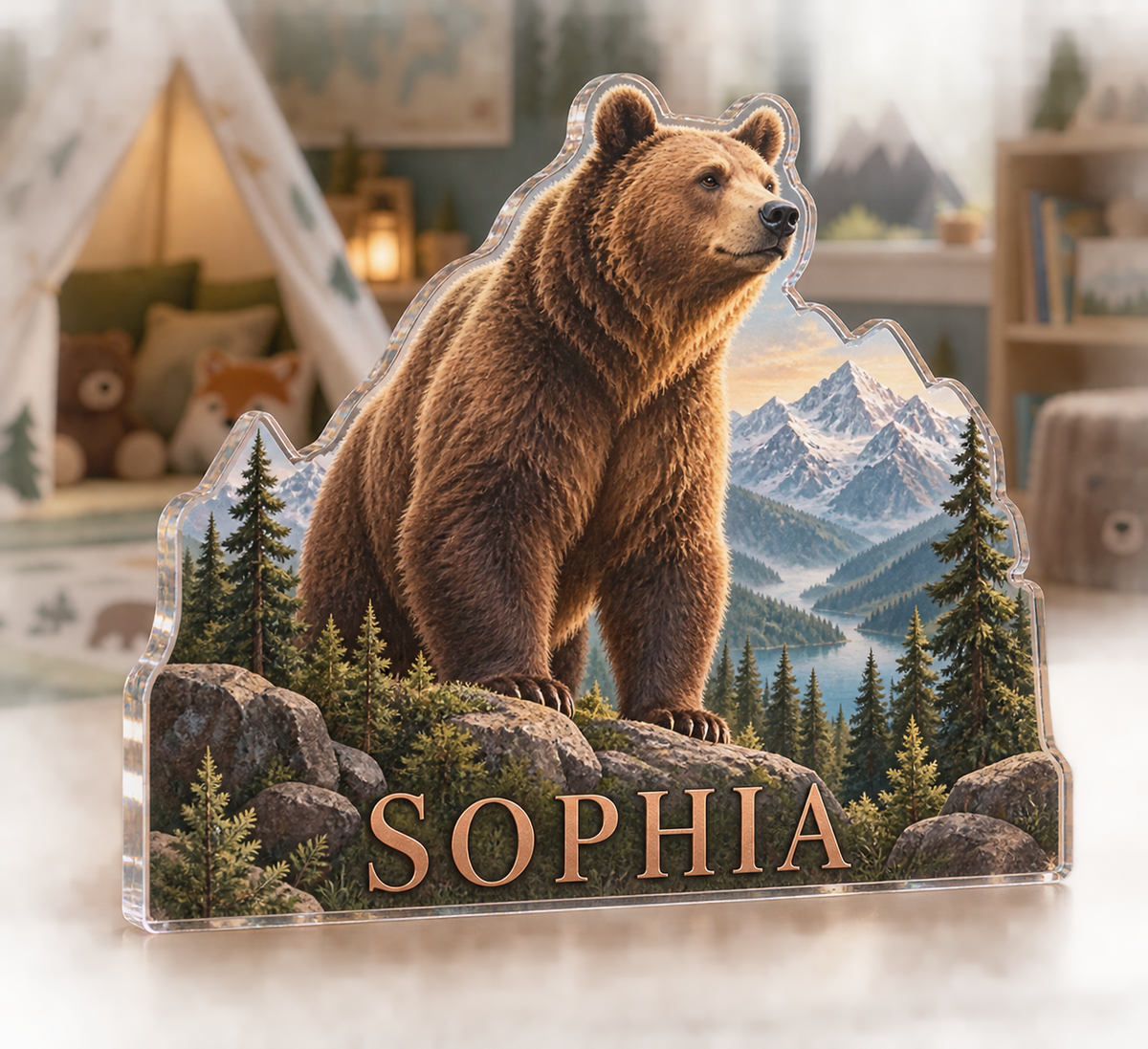 Artwork visualization: Mountain bear adventure — playroom story corner, personalized SOPHIA, subject-shaped acrylic with printed optical 3D depth; not carved relief.