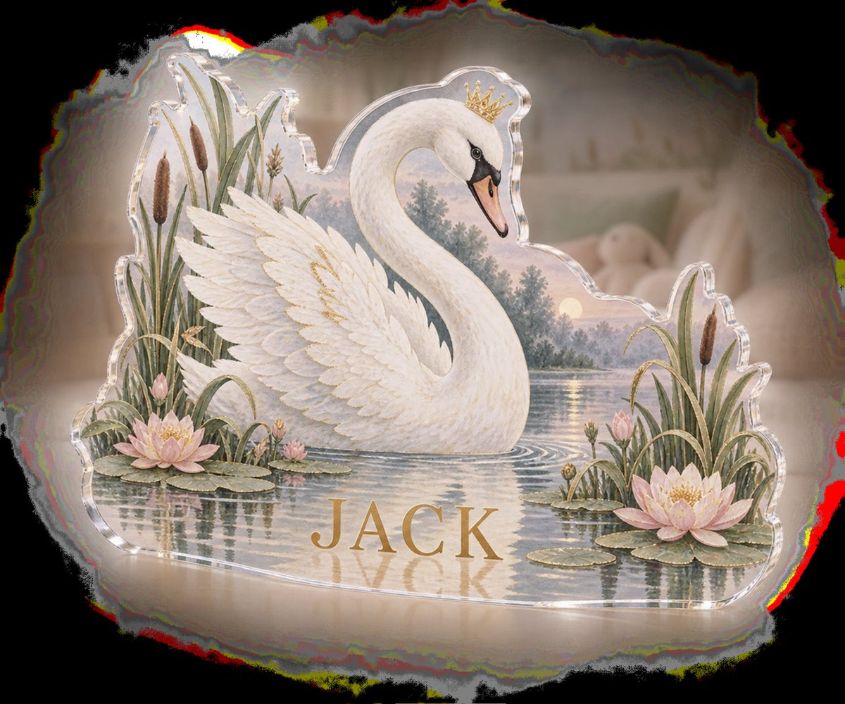 Personalized Swan And Reeds Playroom Story Corner custom shape acrylic plaque with an example name set into the artwork, digital preview