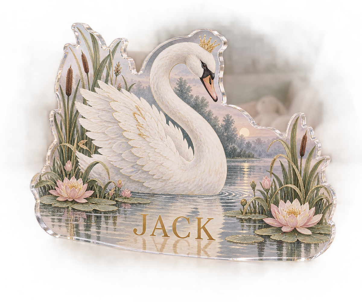 Artwork visualization: Swan and reeds — playroom story corner, personalized JACK, subject-shaped acrylic with printed optical 3D depth; not carved relief.