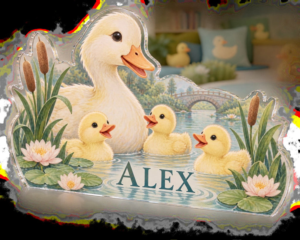 Personalized Duck Pond Friends Playroom Story Corner custom shape acrylic plaque with an example name set into the artwork, digital preview