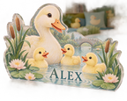 Artwork visualization: Duck pond friends — playroom story corner, personalized ALEX, subject-shaped acrylic with printed optical 3D depth; not carved relief.