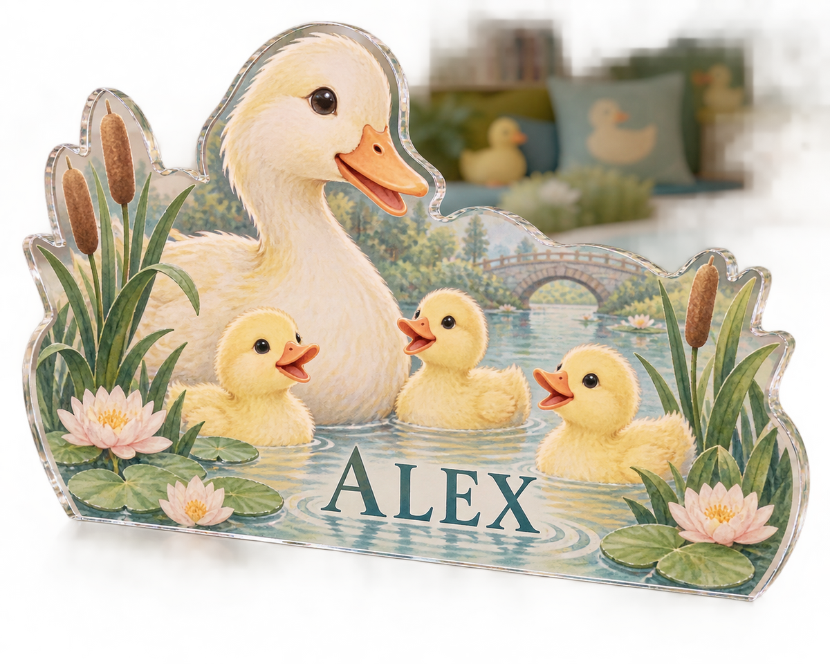 Artwork visualization: Duck pond friends — playroom story corner, personalized ALEX, subject-shaped acrylic with printed optical 3D depth; not carved relief.