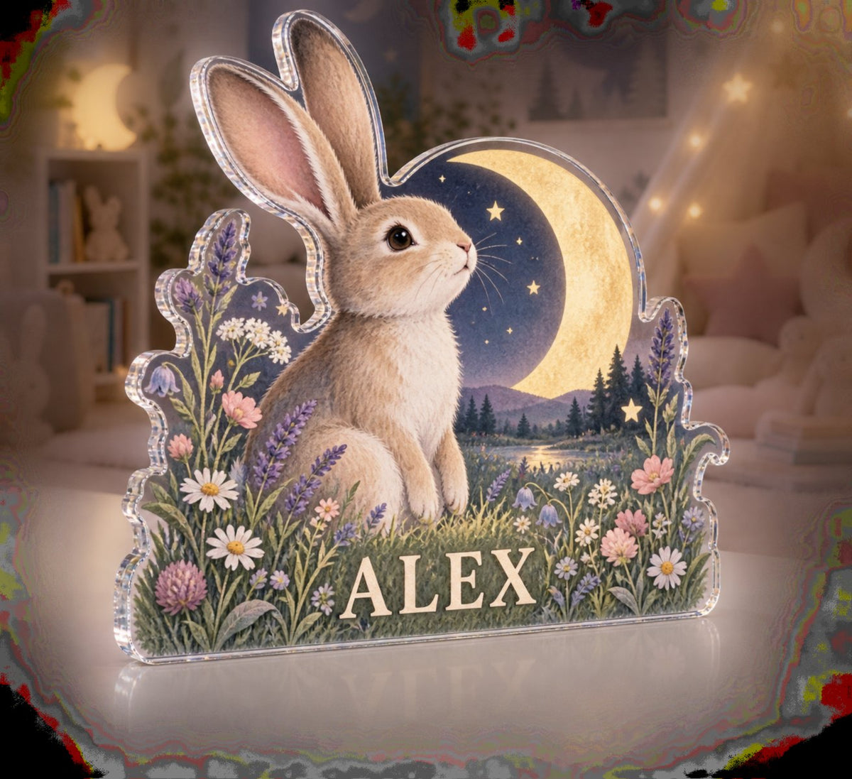 Personalized Bunny Moon Meadow Playroom Story Corner custom shape acrylic plaque with an example name set into the artwork, digital preview