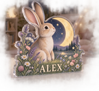 Artwork visualization: Bunny moon meadow — playroom story corner, personalized ALEX, subject-shaped acrylic with printed optical 3D depth; not carved relief.