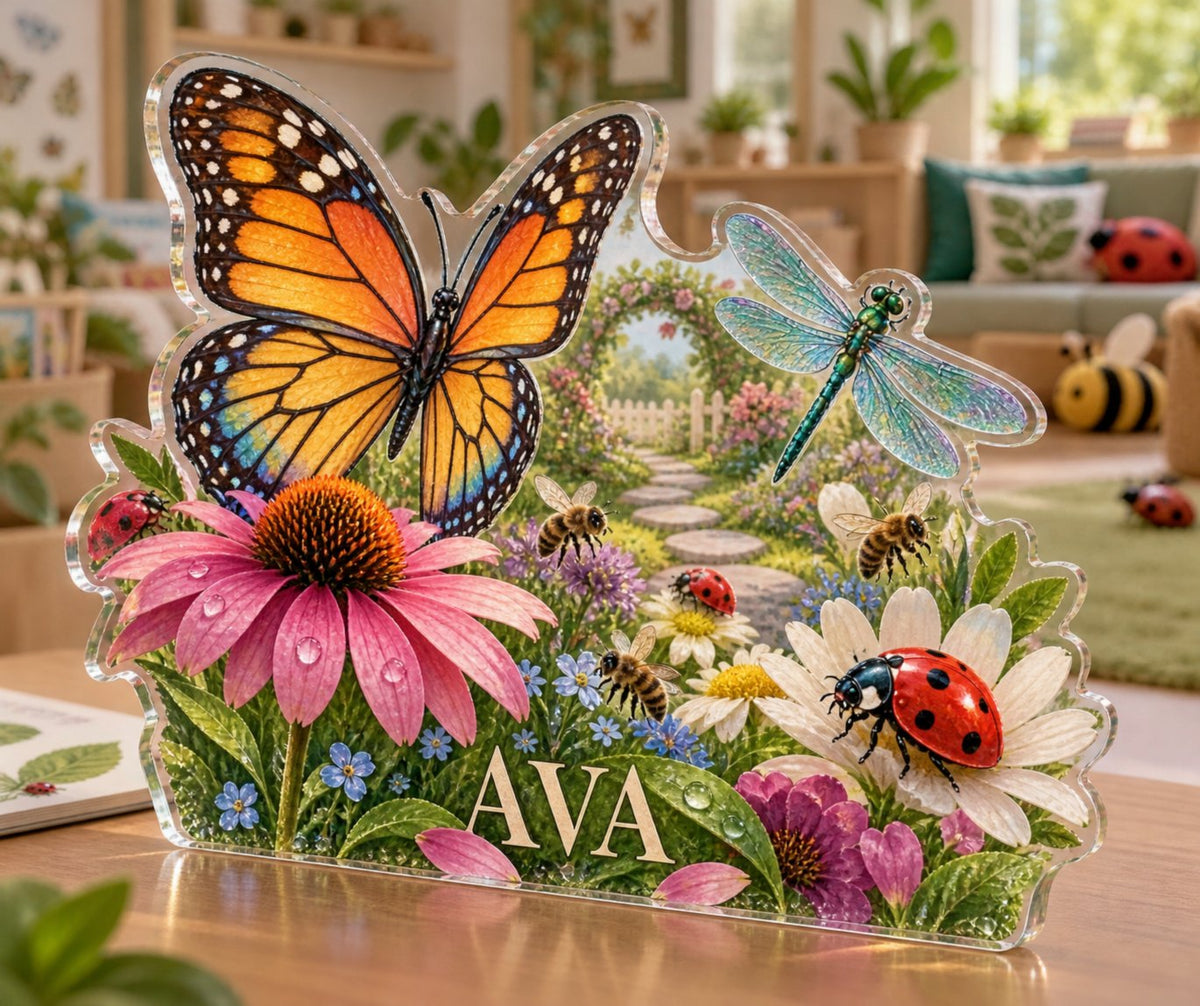 Personalized Garden Insect Counting Playroom Story Corner custom shape acrylic plaque with an example name set into the artwork, digital preview