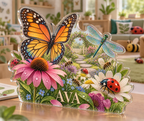 Artwork visualization: Garden insect counting — playroom story corner, personalized AVA, subject-shaped acrylic with printed optical 3D depth; not carved relief.