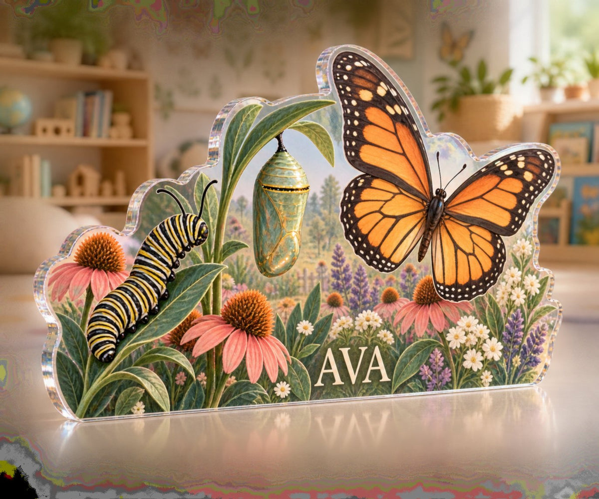 Personalized Butterfly Life Stages Playroom Story Corner custom shape acrylic plaque with an example name set into the artwork, digital preview