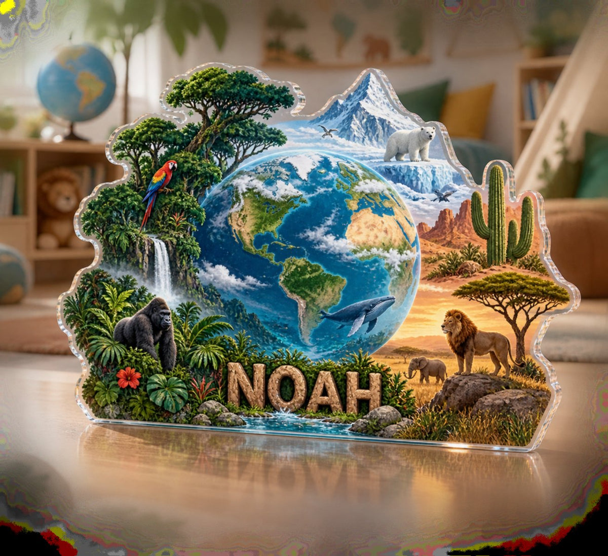 Personalized World Biomes Illustration Playroom Story Corner custom shape acrylic plaque with an example name set into the artwork, digital preview