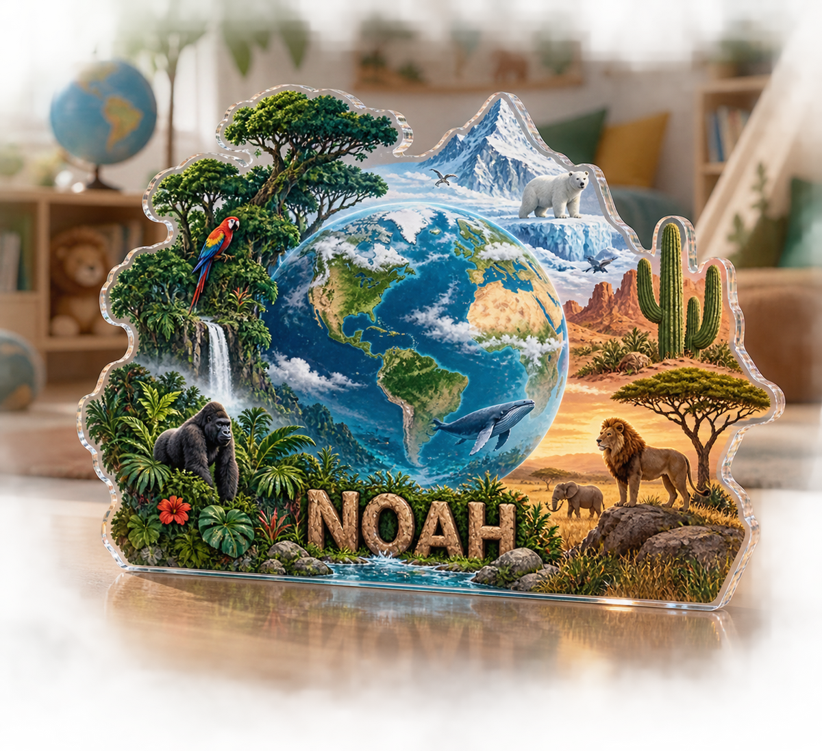 Artwork visualization: World biomes illustration — playroom story corner, personalized NOAH, subject-shaped acrylic with printed optical 3D depth; not carved relief.