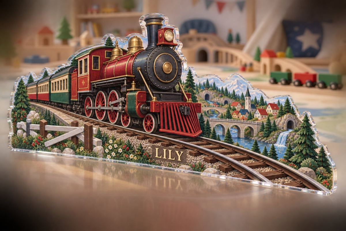 Personalized Train Village Map Playroom Story Corner custom shape acrylic plaque with an example name set into the artwork, digital preview