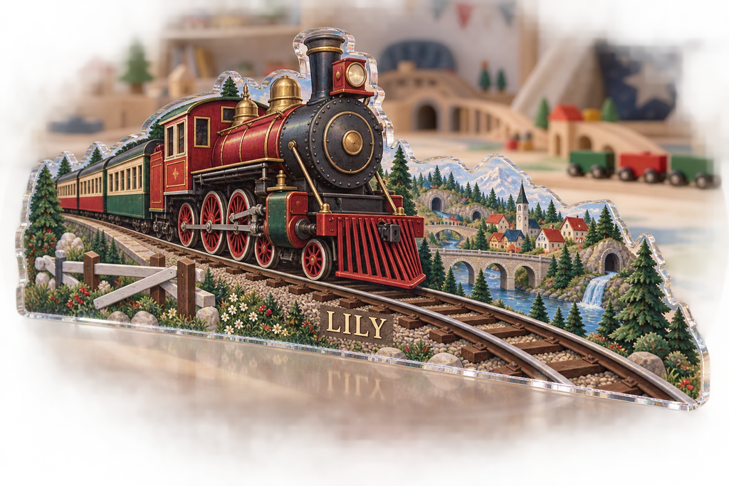 Artwork visualization: Train village map — playroom story corner, personalized LILY, subject-shaped acrylic with printed optical 3D depth; not carved relief.
