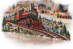 Artwork visualization: Train village map — playroom story corner, personalized LILY, subject-shaped acrylic with printed optical 3D depth; not carved relief.