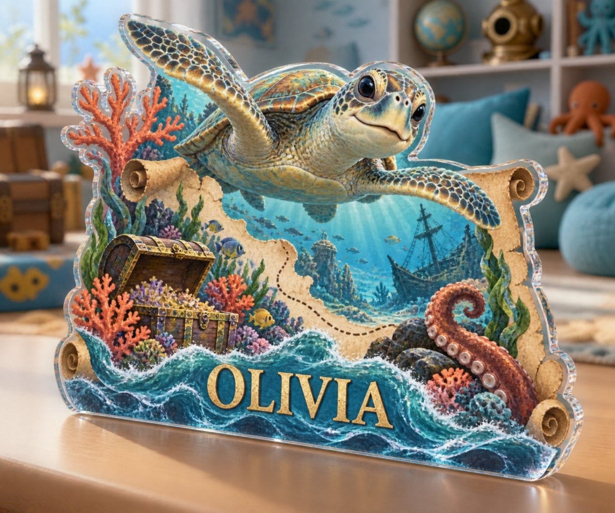 Personalized Underwater Treasure Map Playroom Story Corner custom shape acrylic plaque with an example name set into the artwork, digital preview