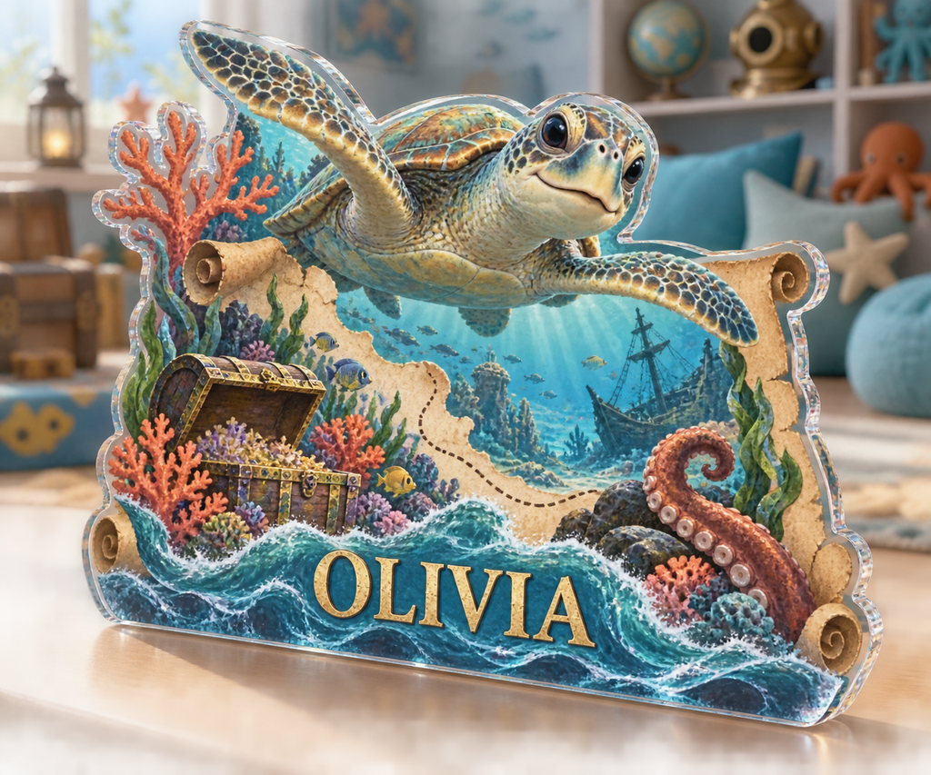 Artwork visualization: Underwater treasure map — playroom story corner, personalized OLIVIA, subject-shaped acrylic with printed optical 3D depth; not carved relief.