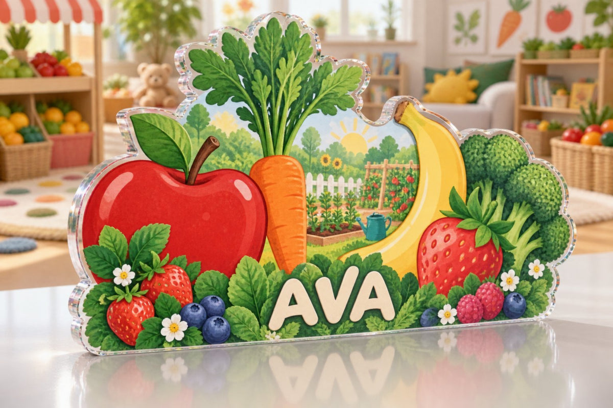 Personalized Fruit And Vegetable Alphabet Playroom Story Corner custom shape acrylic plaque with an example name set into the artwork, digital preview