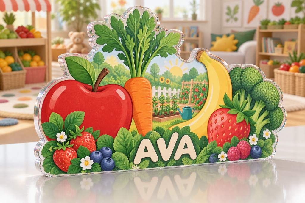 Artwork visualization: Fruit and vegetable alphabet — playroom story corner, personalized AVA, subject-shaped acrylic with printed optical 3D depth; not carved relief.