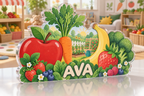 Artwork visualization: Fruit and vegetable alphabet — playroom story corner, personalized AVA, subject-shaped acrylic with printed optical 3D depth; not carved relief.