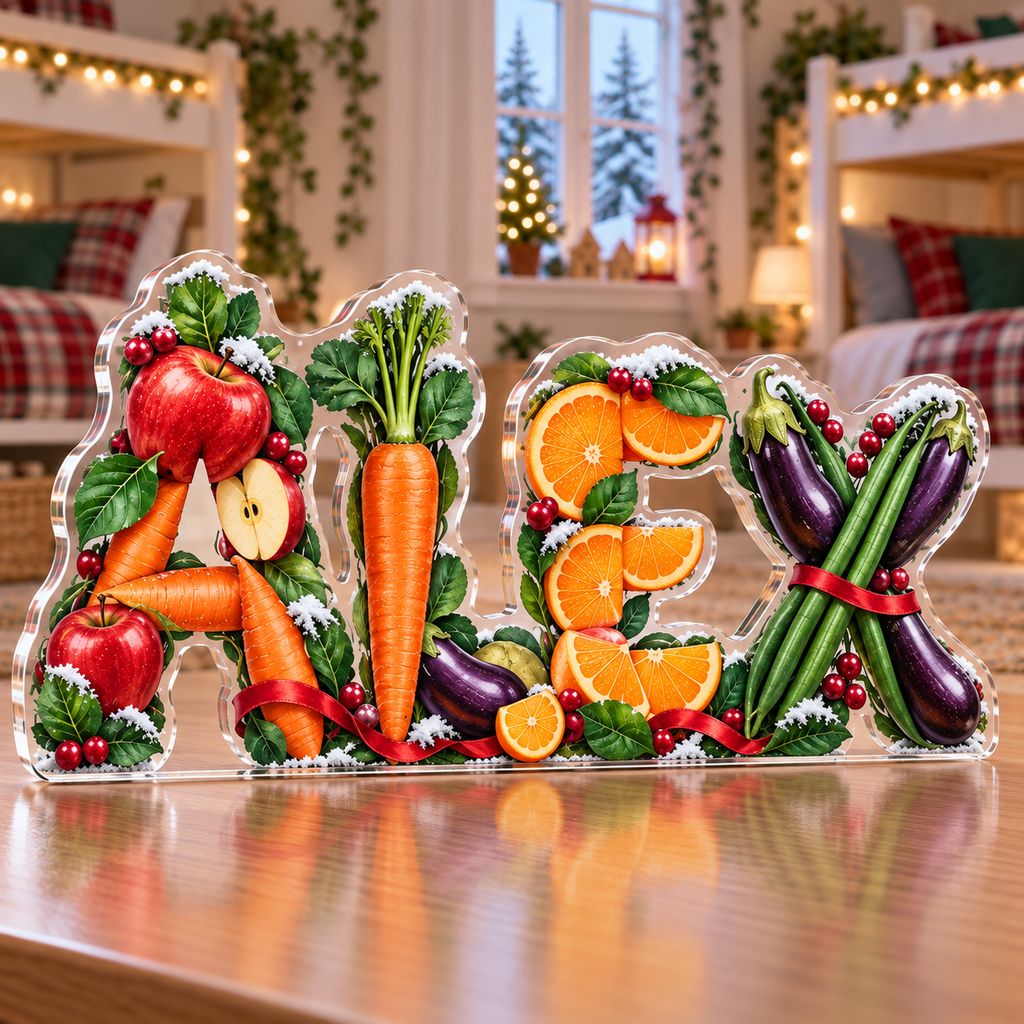 Artwork visualization: Fruit and vegetable alphabet — sibling shared room, personalized ALEX, subject-shaped acrylic with printed optical 3D depth; not carved relief.