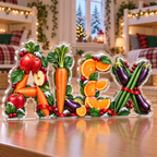 Artwork visualization: Fruit and vegetable alphabet — sibling shared room, personalized ALEX, subject-shaped acrylic with printed optical 3D depth; not carved relief.